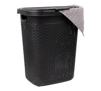 Mind Reader Panier à linge fin 50 L, panier à vêtements, couvercle, design en osier, plastique, 45 x 35 x 53 cm (L x l x H), noir