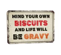 Mind Your Own Biscuits And Life Will Be Gravy Boîte en étain vintage 20,3 x 30,5 cm Décoration murale amusante pour maison, cuisine, chambre à coucher, ferme, jardin, magasin, café, bar, pub