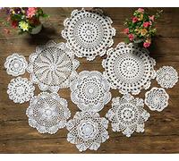 MINDPLUS Lot de 11 Napperons en Crochet à la Main Napperons en Dentelle au Crochet en Coton Napperon de Table 10 à 25 cm Rond Blanc Beige Vintage Mariage Tea Party (Blanc)