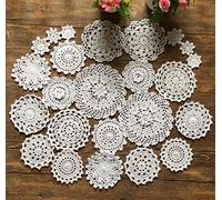 MINDPLUS Lot de 24 Napperons au Crochet à la Main Napperons en Dentelle au Crochet en Coton Napperon de Table 5 à 18 cm Rond Blanc Vintage Mariage Tea Party (Blanc)