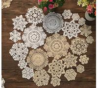 MINDPLUS Lot de 24 Napperons en Crochet à la Main Napperons en Dentelle au Crochet en Coton Napperon de Table 5 à 18 cm Rond Blanc Beige Vintage Mariage Tea Party (Blanc et Beige)