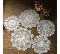 MINDPLUS Lot de 5 Napperons en Crochet à la Main Napperons en Dentelle au Crochet en Coton Napperon de Table 30 à 40 cm Rond Blanc Vintage Mariage Tea Party (Blanc)