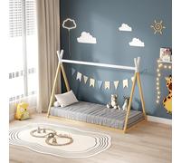 MINEA | Lit tipi pour Enfant en Bois Naturel et Blanc 90x190 cm Indy (Matelas Non Inclus)