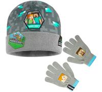 Minecraft Bonnet Enfant Garcon ou Set Vêtement Accessoires d'hiver 6-14 Ans, Cosy Gamer Accessoire, Cadeau Ado Garçon (6-14 Ans, Gris Chapeau & Gants)