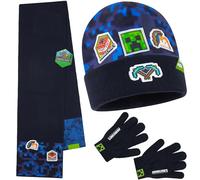 Minecraft Bonnet Enfant ou Set Vêtement Accessoires d'hiver de 3 Pièces avec Écharpe Gants, 2 Pièces avec Gants ou 1 Pièce Bob (Bleu Chapeau Foulard Gants, 6-14 Ans)