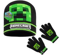 Minecraft Bonnet Enfant ou Set Vêtement Accessoires d'hiver de 3 Pièces avec Écharpe Gants, 2 Pièces avec Gants ou 1 Pièce Bob (Noir Chapeau & Gants, 6-14 Ans)