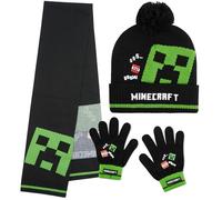 Minecraft Bonnet Garçon Ado Ensemble Vêtement Accessoires d'Hiver 3 Pièces avec Écharpe et Gants ou 2 Pièces Bonnet Gants (6-14 Ans, Noir Minecraft)