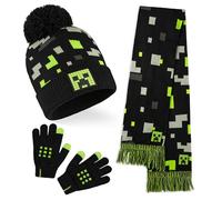 Minecraft Bonnet Garçon Ado Ensemble Vêtement Accessoires d'Hiver 3 Pièces avec Écharpe et Gants ou 2 Pièces Bonnet Gants (4-7 Ans, Noir/Vert Minecraft)
