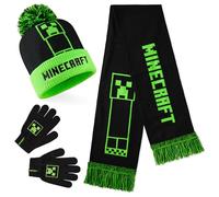 Minecraft Bonnet Garçon Ado Ensemble Vêtement Accessoires d'Hiver 3 Pièces avec Écharpe et Gants ou 2 Pièces Bonnet Gants (6-14 Ans, Vert/Noir, 3 Pcs)