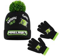 Minecraft Bonnet Garçon Ado Ensemble Vêtement Accessoires d'Hiver 3 Pièces avec Écharpe et Gants ou 2 Pièces Bonnet Gants (6-14 Ans, Vert Graffiti)