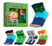 Minecraft Chaussette Enfant Garçon Mi-mollet, Paquet Multiple - Cadeau Gamer (Paquet de 5 - Carré vert, 31/36 EU)