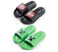 Minecraft Claquettes Creeper et TNT vertes et noires | Chaussures décontractées pour garçon | Lot de 2 claquettes avec visage de Creeper et élément de jeu TNT | Produits dérivés