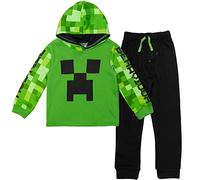 Minecraft Creeper Ensemble sweat à capuche et pantalon en polaire pour enfant à grand enfant, vert/noir, 10-12