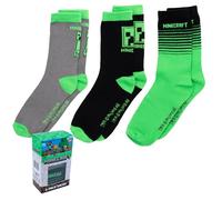 Minecraft Creeper Lot de 3 et 5 paires de chaussettes de sport avec emballage cadeau, haute teneur en coton, pour garçon, noir/gris, 39-42