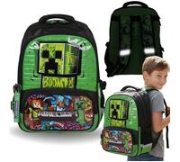 Minecraft Creeper Sac à dos scolaire garçons, vert-noir, réflecteurs, DEUX COMPARTIMENTS, poche ORDINATEUR PORTABLE 40x31x13 cm