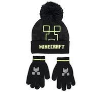 Minecraft - Ensemble Bonnet et Gants pour Enfants - Bonnet et Gants en Laine Noirs - Design Creeper - Taille Unique 6-12 Ans - Marchandise Officielle