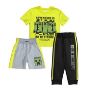 Minecraft Ensemble de 3 pièces Creeper Pants pour garçons - T-shirt à manches courtes, short et pantalon de jogging pour garçons, Vert citron/gris/noir, 12