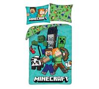 Minecraft Housse de Couette 140x200 + Taie 70x90 Steve Alex Creeper Panda | Parure de lit réversible 1 personne | Microfibre douce séchage rapide | Licence officielle | Enfant | Cadeau | Idée cadeau
