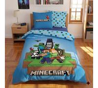 Minecraft Housse de Couette Enfant 140x200 + Taie 63x63 Ready to Survive | Parure de lit ado | Microfibre Oeko-Tex séchage rapide | Steve Alex Creeper | Réversible 2 designs | Gamer 8-14 ans