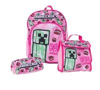 Minecraft Lot de 3 sacs à dos, sac à déjeuner et trousse à crayons Rose
