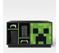 Minecraft Meuble TV avec éclairage LED - Lowboard Gamer avec Porte vitrée Creeper, 3 étagères Ouvertes, 1 Niche Console et Passe-câbles - 108x61x37cm, Noir