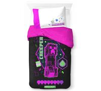 Minecraft Neon Creeper Ensemble de Couette Simple 100% Coton Parure de Lit Enfant Housse de Couette Coton Taie d'oreiller 50 x 70 cm Incluse
