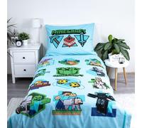 Minecraft Parure de lit 1 personne 140 x 200 cm Motif épique Let's Play Vert réversible Housse de couette réversible avec taie d'oreiller assortie