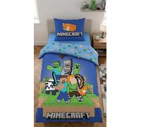 Minecraft Parure de Lit 100% Coton, Ready to Survive, Housse de Couette 135x200 cm + Taie d'oreiller 80x80 cm, Bleu