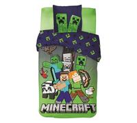 Minecraft Parure de lit 135 x 200 cm - Housse de couette réversible avec taie d'oreiller 80 x 80 cm - Motif officiel Creeper - Parure de lit pour enfant en coton mélangé - Cadeau pour garçons et