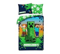 MINECRAFT Parure de lit CREEPER STEVE ALEX - Housse de couette réversible 140 x 200 cm + 1 taie d'oreiller 70 x 90 cm - 100 % polyester excellente qualité - Couleur verte