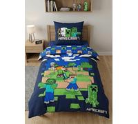 Minecraft Parure de Lit Enfant - Housse de Couette 140x200 cm Réversible + Taie d'oreiller 65x65 cm - 100% Coton Doux - Design Steve, Alex, Creeper & Zombie