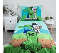 Minecraft Parure de lit simple 140 x 200 cm avec grande taie d'oreiller 70 x 90 cm, motif épique « Mobs here » | Vert réversible double face Produit officiel Minecraft