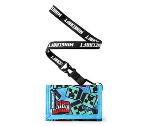 Minecraft Portefeuille à Sangle pour Garçons | Portefeuille Triptyque Bleu avec Imprimé TNT Block et Graffiti Creeper pour Enfants | Porte-Argent & Cartes pour Enfants avec Sangle Logo