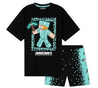 Minecraft Pyjama Enfant Garcon Ensemble, Pyjama Short evec T-Shirt, Ete Loungewear Set, Gaming Merchandise, Idee Cadeau (Noir/Bleu, 7-8 Ans)