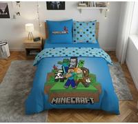 Minecraft Ready to Survive Housse de Couette 240x220 + 2 Taies 63x63 Steve | Parure de lit 2 pers réversible | Résistant usage intensif | Séchage rapide sans repassage | Oeko-Tex | Gamer
