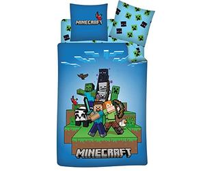 Minecraft Ready to Survive Parure 3 Pièces 140x200 + Taie 63x63 + Drap Bleu | Housse de couette + drap-housse 90x190 | Steve Alex Creepers Minecraft | Enfant | Cadeau | Lavable en machine