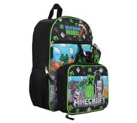 Minecraft Sac à dos d'écolier 5 pièces - Sac à dos avec sac à déjeuner, trousse à crayons, porte-clés et mousqueton - Design de mode aventure pour garçon