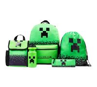 Minecraft Sac à Dos Enfant 5 Pièces Bouteille d'eau Sac Repas Isotherme Kawaii Trousse Sac à Cordon ou Lanière et Porte Clés (Vert)
