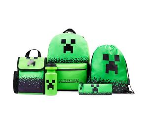 Minecraft Sac à Dos Enfant 5 Pièces Bouteille d'eau Sac Repas Isotherme Kawaii Trousse Sac à Cordon ou Lanière et Porte Clés (Vert)