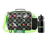 Minecraft Sac Isotherme Repas Enfant Lunch Bag pour l'École ou les Voyages Options avec Bouteille D'eau Cadeau pour Enfant (Noir/Vert)