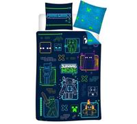 Minecraft Survival Mode Housse de Couette 140x200 cm + taie 63x63 | Parure de lit 1 personne | Microfibre sechage rapide | Mobs neon Survival Mode | Enfant ado | Idee cadeau