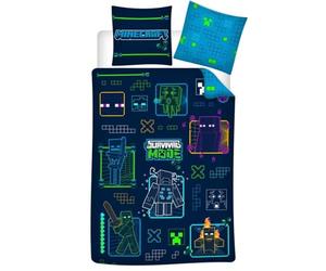 Minecraft Survival Mode Housse de Couette 140x200 cm + taie 63x63 | Parure de lit 1 personne | Microfibre sechage rapide | Mobs neon Survival Mode | Enfant ado | Idee cadeau