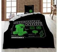 Minecraft Survival Mode Housse de Couette 140x200 + Taie 63x63 Creeper | Parure de lit réversible 1 personne | Microfibre ultra douce séchage rapide | Licence officielle | 6-14 | Cadeau