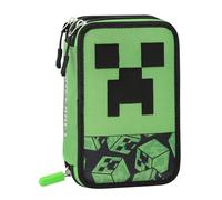Minecraft - Trousse d'école officielle Minecraft, trousse 3 compartiments enfants et adolescents avec kit de papeterie inclus, 5 étiquettes autocollantes porte-omes et fermeture pratique à fermeture