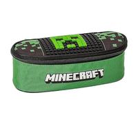 Minecraft - Trousse d'école ovale organisée, avec séparateurs internes et passants élastiques porte-papeterie - Trousse à crayons pour enfant idéale pour moyennes et élémentaires, noir/vert - 22 x 7 x