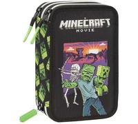 MINECRAFT Trousse scolaire 3 zip avec kit 20 x 13 x 7 cm, Trousse Stylo Compartiment pour Enfants, Ensemble Complet 48 Pièces, Noir/Vert