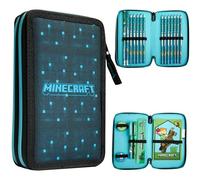 Minecraft Trousse Scolaire Enfants avec Plusieurs Compartiment, Papeterie Incluse - Ecole Fourniture (Bleu/Noir)