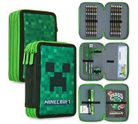 Minecraft Trousse Scolaire Enfants avec Plusieurs Compartiment, Papeterie Incluse - Ecole Fourniture (Vert Creeper)