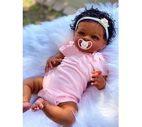 MineeQu 20 Pouces Réel Taille de Bébé Cheveux Bouclés Enracinés Afro-Américain Réaliste Reborn Baby Doll avec Corps Lesté Doux Réaliste Nouveau-né Câlin Corps Poupée en Peau Brun Foncé
