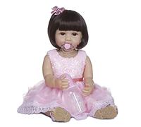 MineeQu 22 Pouces Cheveux Bruns Courts Real Life Reborn Baby Doll Fabriqués en Silicone Vinyle Corps Complet Anatomiquement Correct Réaliste Nouveau-né Toddler Girl Dolls en Robe à Paillettes Rose